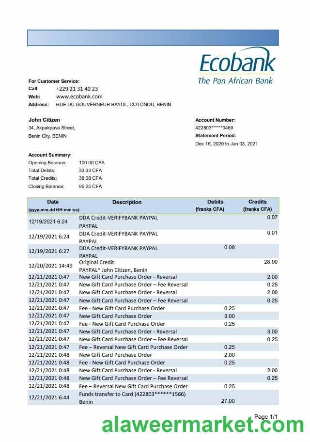 Benin Ecobank bank statement easy to fill template in .xls and .pdf file format